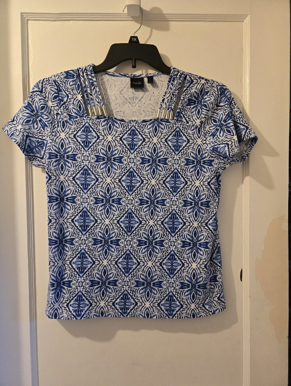 Rafaella Blue White Patterned Short Sleeve Top